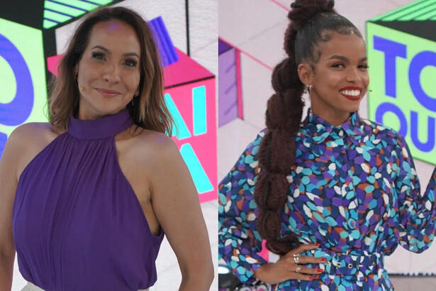 Maria Beltrão e Jeniffer Nascimento em montagem nos estúdios do Caldeirão