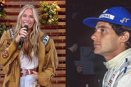 Montagem com Adriane Galisteu apresentando A Fazenda 14 e Ayrton Senna de chapéu azul ao lado da apresentadora