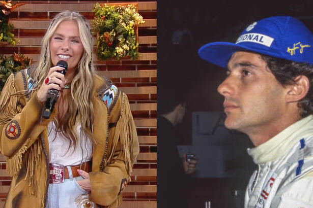 Montagem com Adriane Galisteu apresentando A Fazenda 14 e Ayrton Senna de chapéu azul ao lado da apresentadora