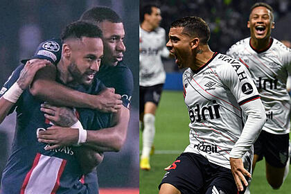 Neymar comemroando gol pelo sbt na liga dos campeões, em montagem com jogadores do athletico comemorando gol pela libertadores