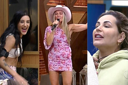Montagem com bia miranda chegando em a fazenda 14, adriane galisteu apresentando o programa e deolane brigando com deborah