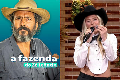 Montagem com Zé Leôncio, de Pantanal, e Adriane Galisteu no estúdio de A Fazenda 14