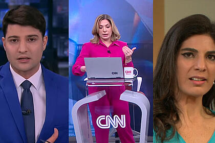 Montagem com Rafael Algarte na Record News, Daniela Lima na CNN Brasil e Andréia Sadi na Globo News na cobertura da morte da rainha Elizabeth