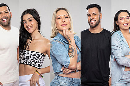 Montagem comAndré Santos, Bia Miranda, Claudia Baronesa, MC Créu e Suzi Sassaki no Paiol de A Fazenda 14
