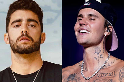 Montagem de Pedro Scooby usando camisa preta, colar de prata, de barba durante ensaio fotográfico; e Justin Bieber sem camisa, colar de prata, sorrindo, de chapéu preto durante show no Rock in Rio