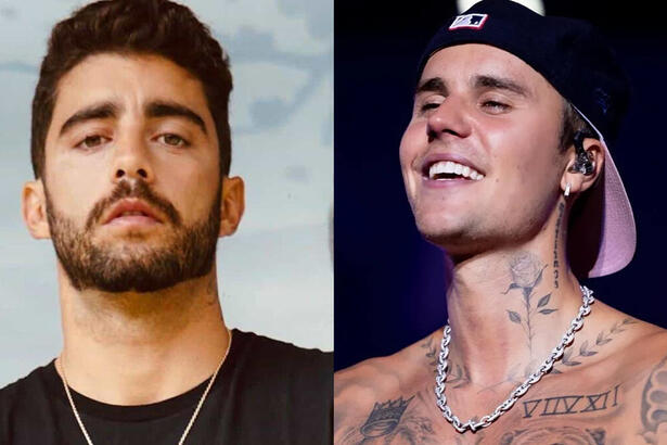 Montagem de Pedro Scooby usando camisa preta, colar de prata, de barba durante ensaio fotográfico; e Justin Bieber sem camisa, colar de prata, sorrindo, de chapéu preto durante show no Rock in Rio