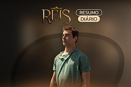 Arte de divulgação do resumo diário da série Reis na Record TV