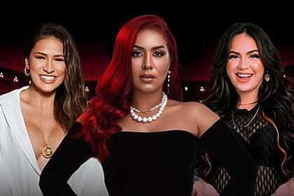 Simone de camisa branca, decote e colar de ouro, sorrindo; Priscila Senna de vestido preto e colar branco, cabelo solto para esquerda; Raphaela Santos sorrindo, de camisa preta, cabelo solto e colar de prata