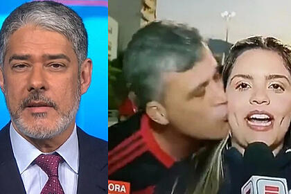 William Bonner de gracata marrom, palitó preto e camisa social branca durante gravação do JN; Jéssica Dias de camisa preta recebendo beijo de torcedor