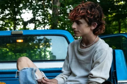 Timothée chalamet em cima de um carro azul