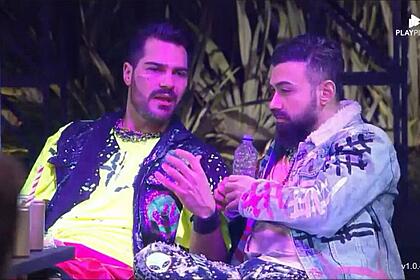 Shaan e Bruno conversando durante festa de A Fazenda 14
