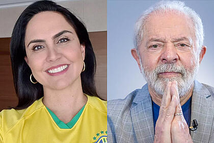 Carla Cecato de camisa do braisl, sorrindo; Lula com as mãos juntas, semblante sério durante ensaio fotográfico