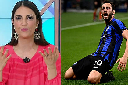 Chris flores, no fofocalizando, em montagem com o jogador da inter de milão comemorando gol pela liga dos campeões