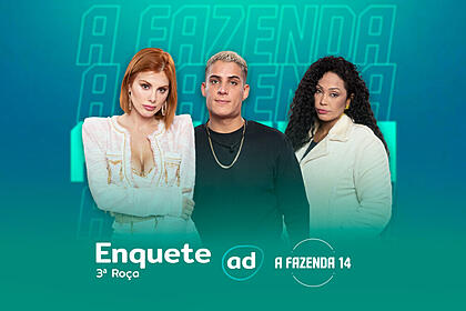 Arte de divulgação da enquete da 3ª Roça de A Fazenda 14 com Deborah Albuquerque, Tiago Ramo e Rosiane Pinheiro