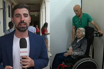 Repórter Mateus Marques durante entrada ao vivo na GloboNews, em montagem com uma eleitora de 103 anos na cadeira de rodas