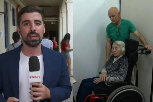 Repórter Mateus Marques durante entrada ao vivo na GloboNews, em montagem com uma eleitora de 103 anos na cadeira de rodas