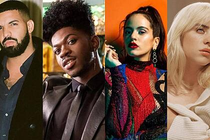 Drake, Lil Nas X, Rosalía e Billie Eilish em uma montagem