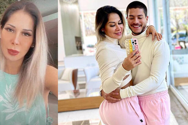 Montagem Maíra Cardi de vestido azul; Maira Cardi sorrindo, abraçada com Arthur Aguiar