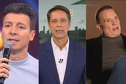 Montagem com Rodrigo Faro, Sergio Aguiar, Roberto Cabrini apresentadores do Hora do Faro, Domingo Espetacular e Câmera Record