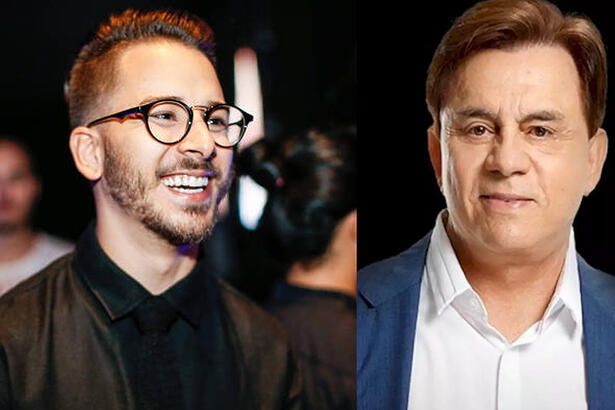 Junior lima sorrindo de oculos e camisa social preta; Chitãozinho de blazer azul e camisa social branca para ensaio fotográfico