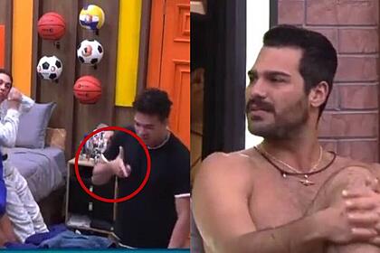 Montagem com Lucas fazendo sinal de arma de fogo para Shayan que está sentado em sua cama perplexo em A Fazenda 14