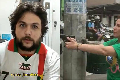 Montagem com Vinícius Costa e a deputada Carla Zambelli com arma na mão na rua, em vídeo feito pelo jornalista