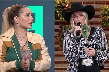 Montagem com Deolane e Adriane Galisteu na eliminação de A Fazenda 14