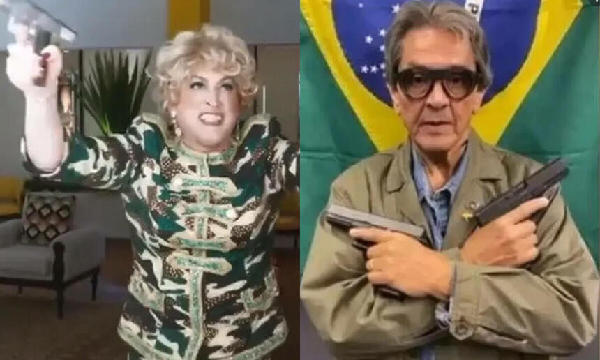 Montagem com personagem de Paulo Gustavo em 220 Woltz, no Mutishow; Roberto Jeffersson segurando duas armas na frente da bandeira do Brasil
