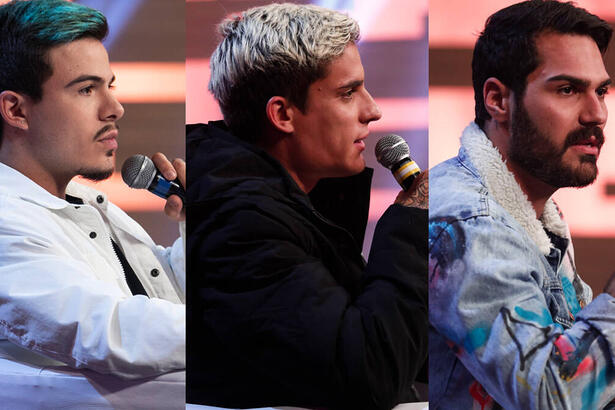 montagem Thomaz, Tiago Shay sentados durante gravação do Hora do Faro, da Record TV