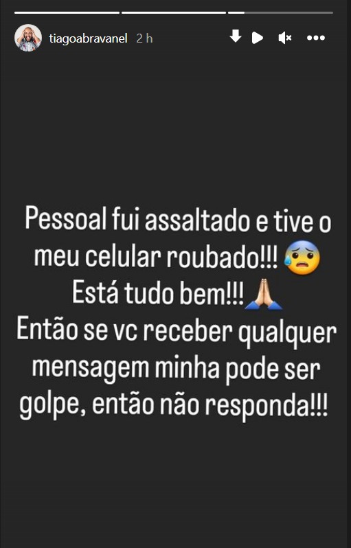 Print dos stories do Instagram de Tiago Abravanel informando o assalto