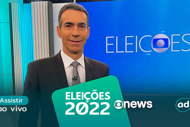 Cesar Tralli na arte de divulgação do "Assistir ao vivo" da GloboNews nas Eleições 2022