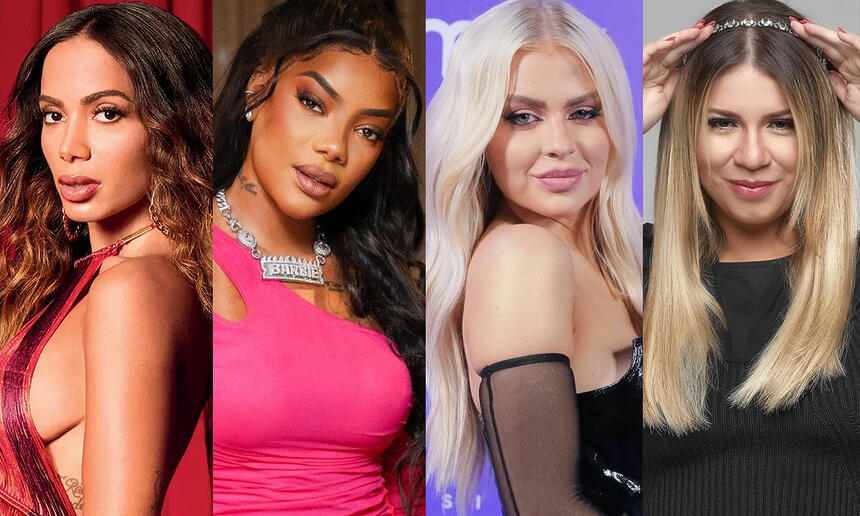 Montagem com fotos de Anitta, Ludmilla, Luisa Sonza e Marília Mendonça