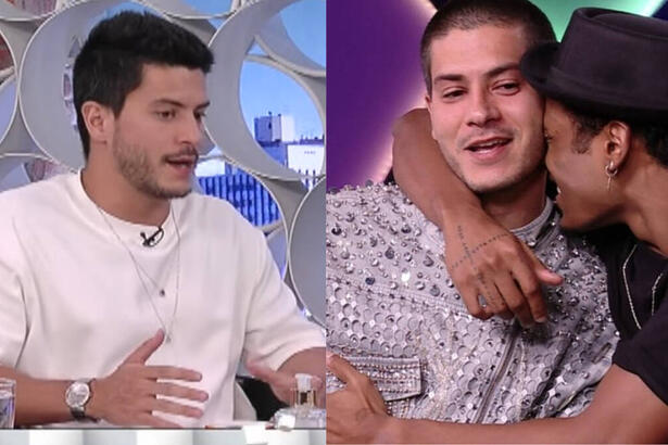 Arthur Aguiar com uma blusa branca, participando do A Tarde é Sua, em montagem com Arthur e PA abraçados no BBB 22