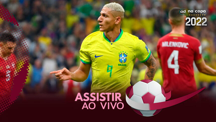 Jogador Richarslison, com a camisa da Seleção Brasileira/Brasil, na arte onde assistir ao jogo Brasil x Suíça