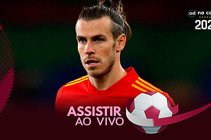 Jogador Gareth Bale, com a camisa do País de Gales, na arte onde assistir ao jogo Estados Unidos x País de Gales