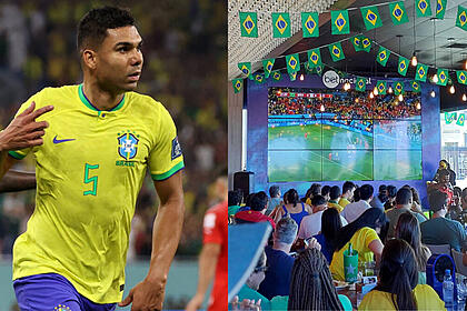 Casemiro, comemrando gol com a camisa da seleção brasileiro, em montagem com torcedores assistindo o jogo pela tv globo em telão montado no restaurante seu boteco, no recife antigo
