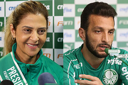 Leila Pereira e Edu Dracena com a camisa do Palmeiras durante entrevista