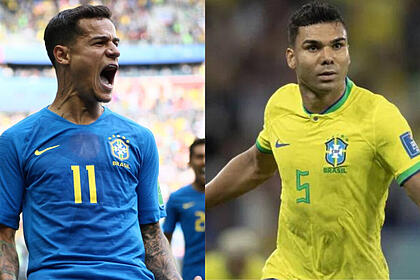 Coutinho, com a camisa azul do brasil, em montagem com casemiro, com a camisa amerela, comemorando gol com a camisa da seleção
