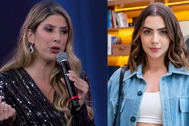 Montagem de Dani Calabresa imitando Jade Picon no Vem Que Tem, da TV Globo; Jade Picon com trajes de sua personagem em Travessia, novela das 9 da TV Globo