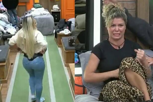 Deolane com a mão na cintura de costa discutindo com Bárbara que está de frente para ela.
