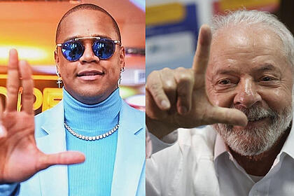 Montagem de Leo Santana (usando óculo de sol espelhadado, camisa de gola alta azul e blazer azul fazendo o L com a mão direita) e Lula, de camisa branca fazendo o L com a mão direita