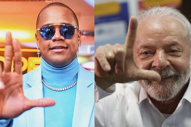 Montagem de Leo Santana (usando óculo de sol espelhadado, camisa de gola alta azul e blazer azul fazendo o L com a mão direita) e Lula, de camisa branca fazendo o L com a mão direita