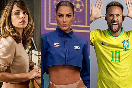 Maria Ribeiro de lado com roupa em tom de nude/bege/marrom, segurando fichas durante gravação de novela; Deborah Secco com o look (top azul de calça cavada) para a estreia para o Tá na Copa e Neymar com a camisa da Seleção Brasileira com as mãos no rosto dando língua