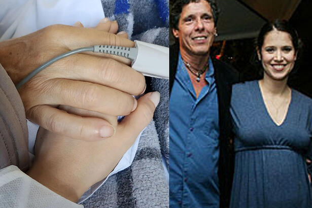 Montagem mãos de Mel Lisboa com as mãos do pai durante internação; Mel Lisboa ao lado do pai durante jantar em São Paulo
