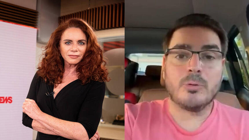 Montagem com Leilane Neubarth no cenário do Conexão GloboNews e Rodrigo Constantino dentro de um carro