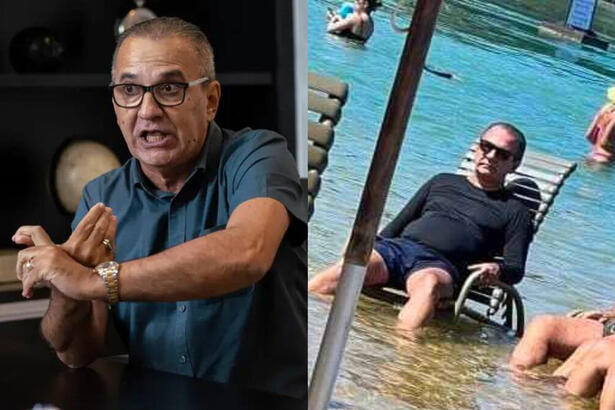Montagem com Silas Malafaia. Na primeira imagem, ele aparece com semblante furioso, na segunda o pastor está dentro de uma piscina de um resort em Pernambuco