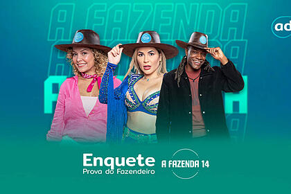Bárbara, Deolane e Pelé na arte de divulgação da enquete de A Fazenda 14. Os três estão com o chapéu de fazendeiro na cabeça