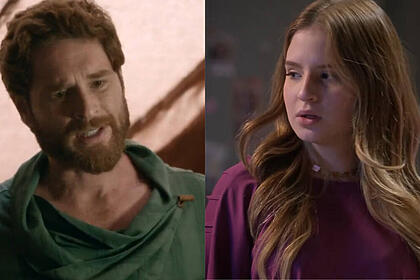 Sophia valverde, como poliana, utilizando uma blusa rosa em trecho da novela poliana moça. Ela estava em uma montagem com o ator cirillo luna, como davi, utilizando uma blusa verde, em trecho da série reis