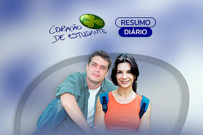 Arte de divulgação do resumo diário da novela Coração de Estudante exibida no Viva