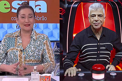 Sonia Abrão utilizando uma roupa com estampa florida, sentada na bancada do programa A Tarde é Sua, em montagem com Lulu santos, sentado na cadeira de técnico do The Voice Brasil